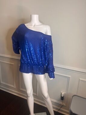 Kancy Kole Sequin Top For Women Sparkly Blue , Off The Shoulder,  XL, Royal Blue
